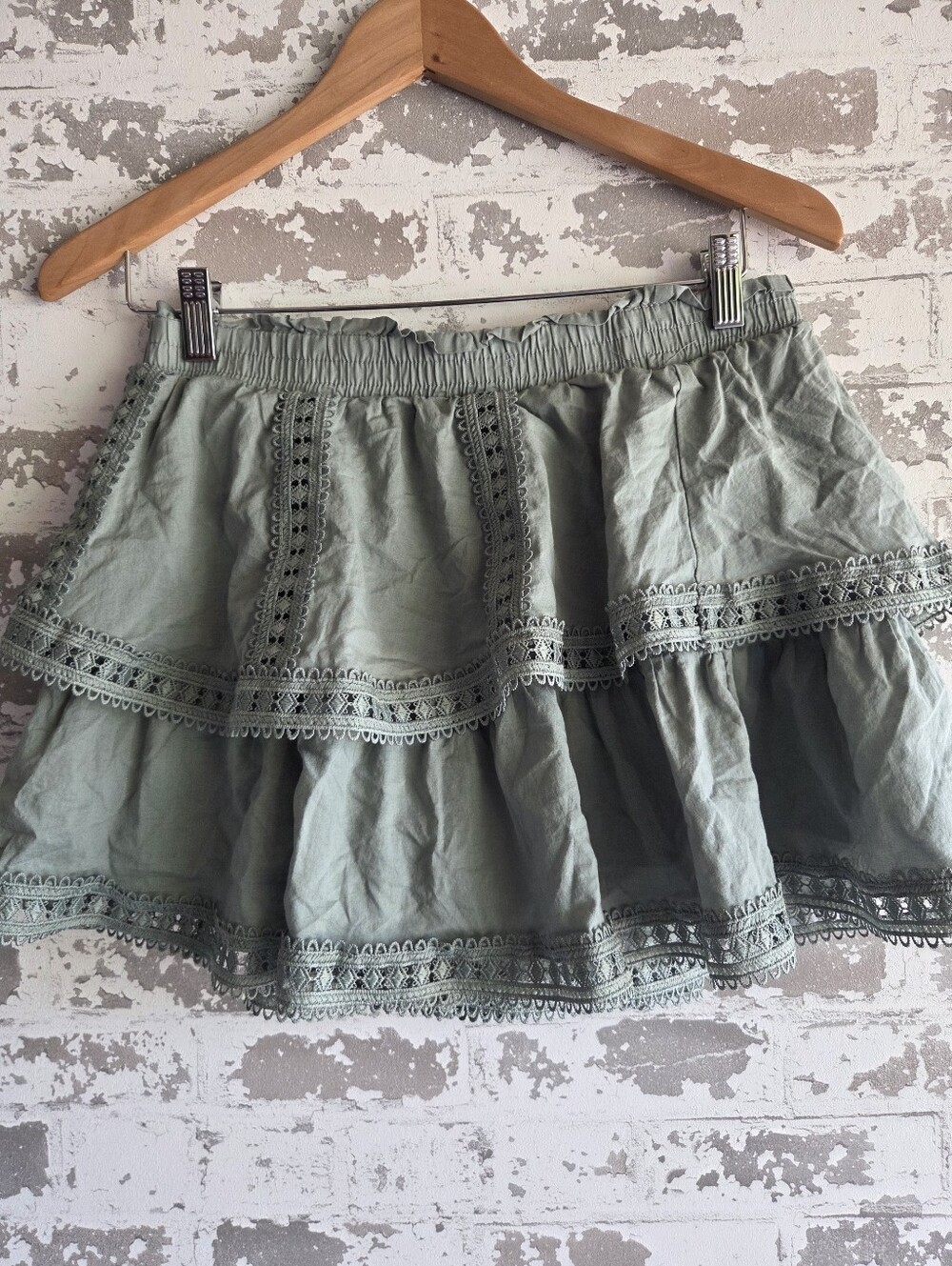 Francesca's Sage Green Ruffle Tiered Lace Skort Shorts Size M Cottagecore Boho